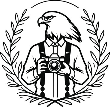 Minimal Falcon Photographer Holding A Camera With A Perched Eagle, Wildlife Photography Logo, Thick Bold Outline, Balanced Composition 2