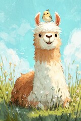 Obraz premium Whimsical llama and perched bird in a soft watercolor style meadow