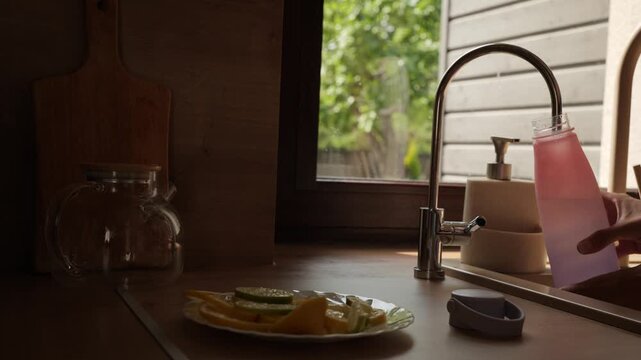 Making flavored water in a kitchen with fruits and a clear bottle at daytime