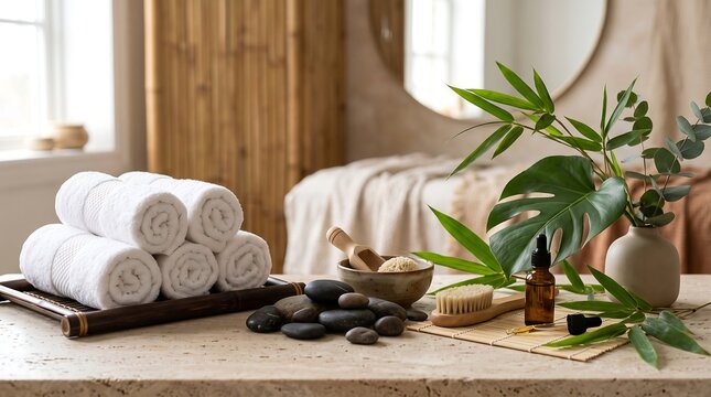 Spa wellness composition with rolled white towels and bamboo massage tools on stone table for relaxation and holistic health beauty treatment therapy
