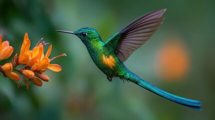 Fototapeta premium Emerald hummingbird hovering near vibrant orange flower during soft daylight with blurred green background