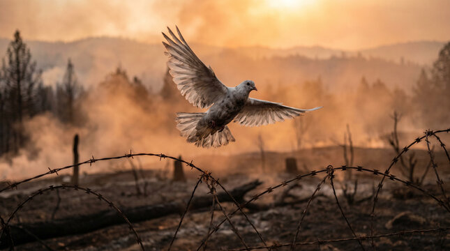 A pure white dove of peace flies over a rusted barbed wire fence against a dramatic background of fire and orange smoke during sunset, symbolizing hope.