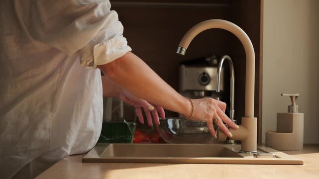 Washing hands and preparing food in modern kitchen with beige sink