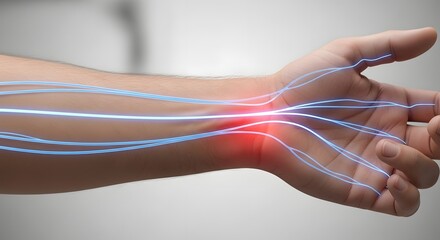 Obraz premium Human arm with nerve visualization and highlighted wrist pain. Medical illustration of neural pathways and inflammation.