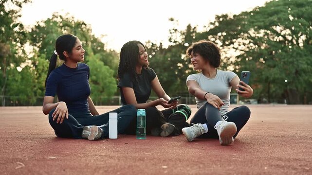 Three young multicultural women in sportswear taking selfies and talking together outdoors