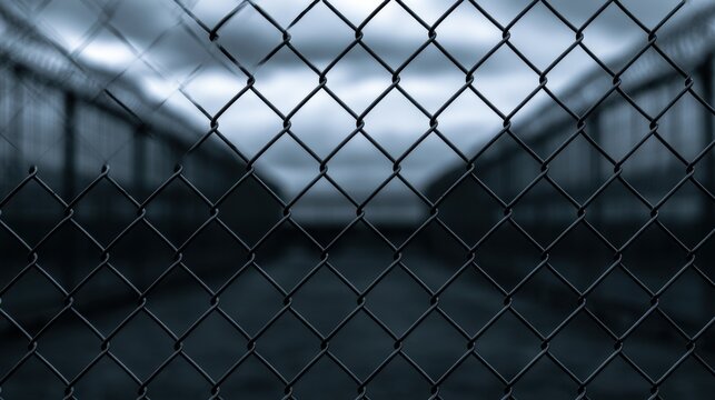A metal chain link fence pattern creates a dark, industrial texture. Used for concepts of confinement or restricted.