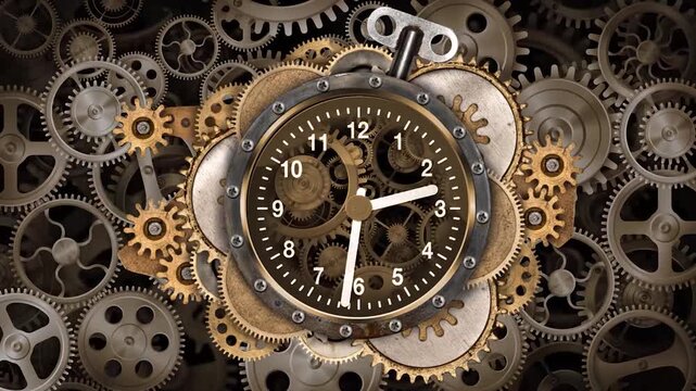 Clock with intricate gears rotates in time lapse showcasing mechanical movement video mechanism watch timepiece cogwheels rotating movement lapse time lapse engineering technology