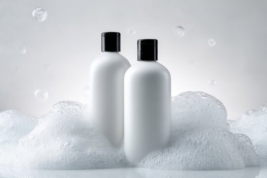 Minimalist white plastic shampoo and conditioner bottles with foamy bubbles - cosmetic packaging mockup