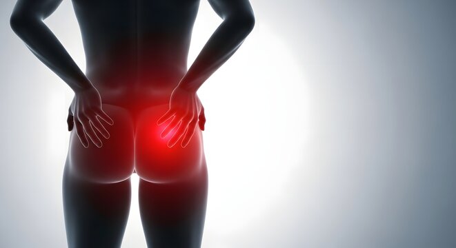 Human with Gluteal Pain. Red highlight on buttock and lower back indicating discomfort.