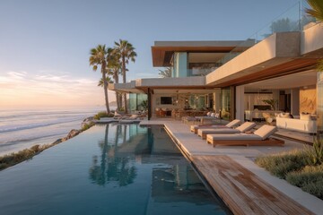 Fototapeta premium Oceanfront luxury home on the California coast with expansive glass walls and sunset views