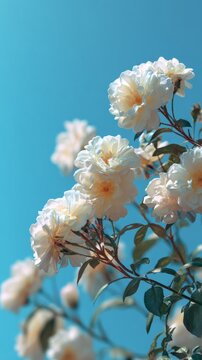 Petals and paradise: roses against a perfect blue backdrop. Hero poster. Subtle shades: white-tinged rose hips bloom with elegance under a vast sky. Film poster. Scifi poster.