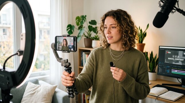 Young woman creating social media content with ring light and microphone