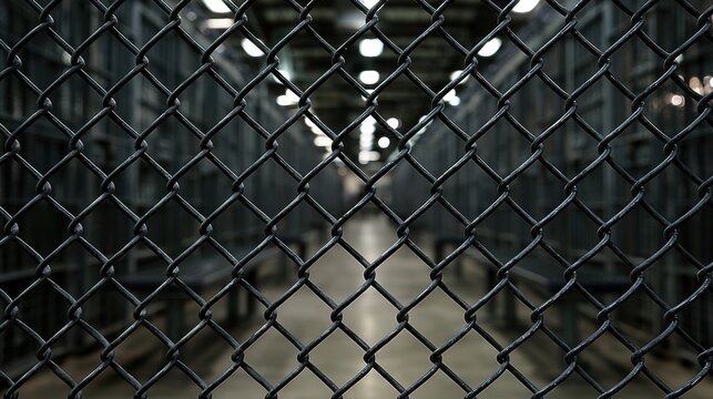 Metal chain link fence separating the camera from a dimly lit prison corridor. Represents confinement, security, and.