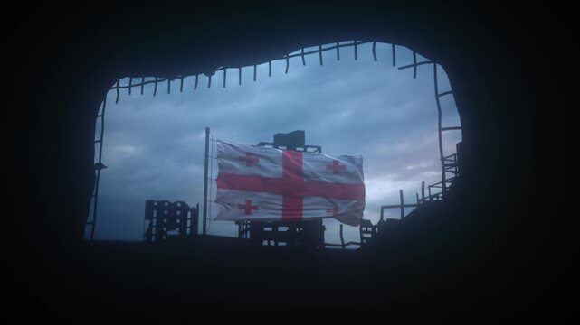 Georgian National Flag Waving Above Ruined City Under Stormy Sky