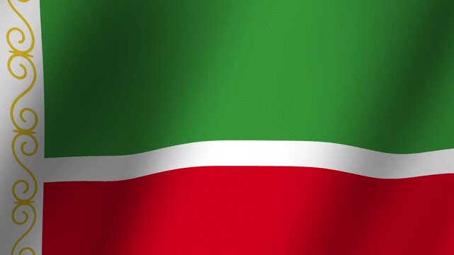 Chechen Flag Waving: A close-up view of the Chechen flag, with its vibrant green, white, and red stripes, as it gently waves, showcasing its rich texture and symbolism.