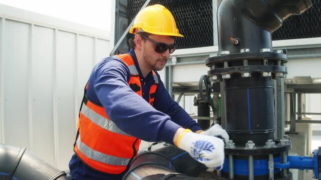 Two industrial technicians in safety helmets and vests adjusting a large valve on a heavy pipeline system at an industrial facility.
