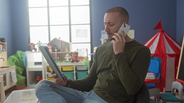 Man seated crosslegged holding tablet and smartphone to ear, hand near face in a kindergarten building; childcare concern.