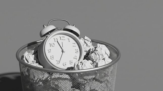 An alarm clock inside a wastepaper bin representing procrastination and wasting time.