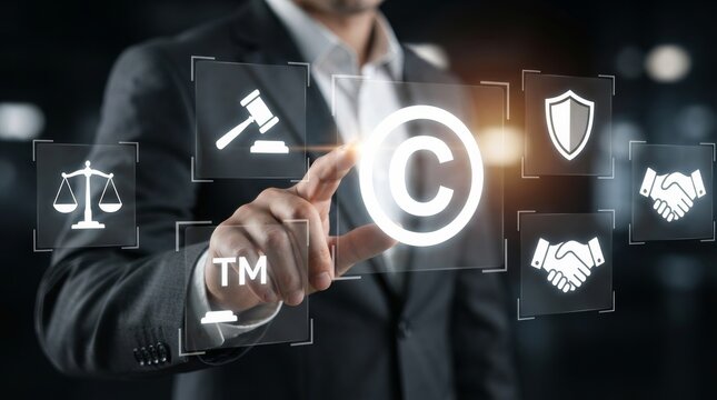 A professional interacting with digital icons representing copyright and intellectual property protection.