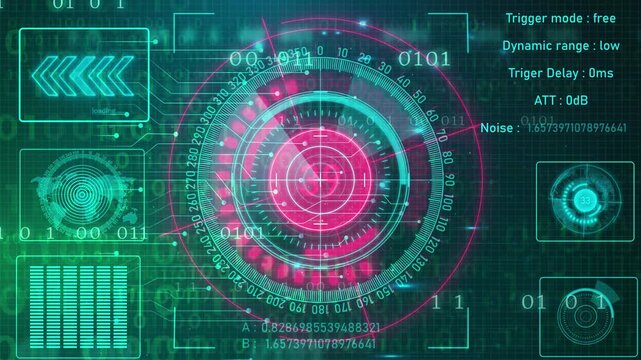 Futuristic radar screen displays target acquisition with dynamic range and trigger mode settings video tracking detection digital interface hud display technology cybernetic