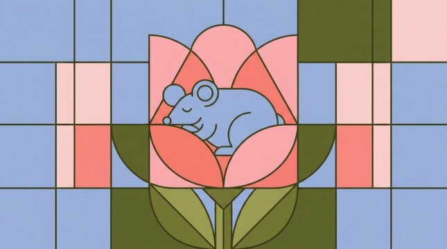 A charming vector illustration of a small blue mouse peacefully sleeping inside a pink tulip blossom, styled like a modern stained glass window pattern.