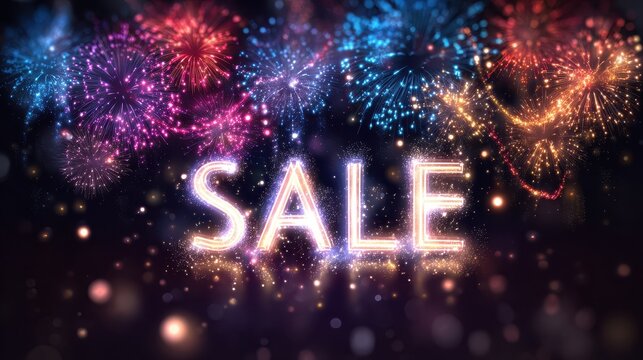 Vibrant Fireworks Night Sale with Glowing Typography and Sparkling Particles