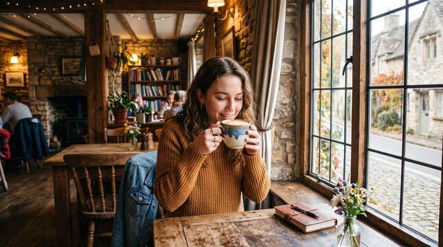 Young woman enjoying a warm cup of coffee in a cozy rustic cafe by the window