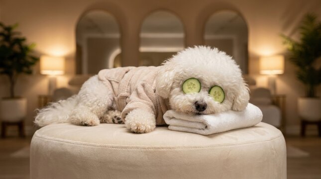 An adorable white Bichon Frise dog wears a fluffy bathrobe and relaxes with cucumber slices on its eyes at a luxury spa resort.