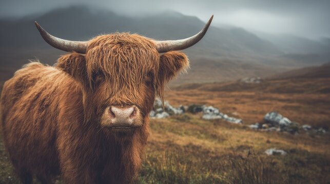 Rural Scottish farm scene featuring a majestic Highland cow in natural light