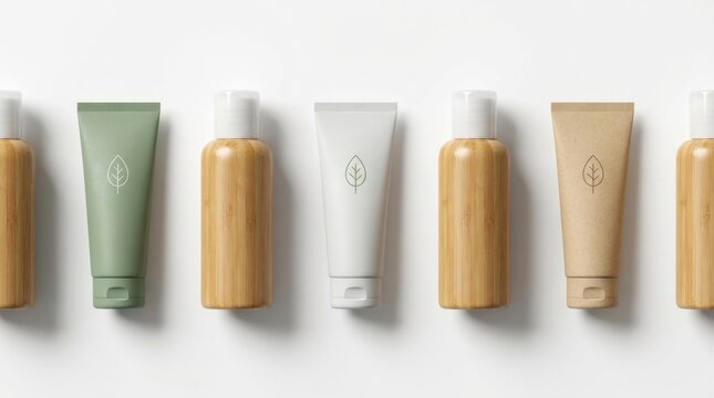 A top-down view of sustainable skincare product bottles and tubes made from bamboo and recycled materials, featuring minimalist leaf icons on a white background.