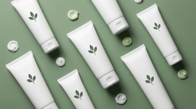 Top-down view of blank cosmetic tubes with a leaf icon, surrounded by cream dabs on a sage green background, perfect for natural beauty product branding.