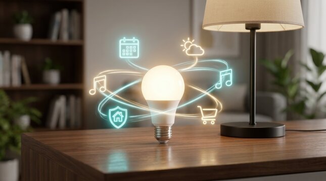 A glowing smart light bulb on a wooden desk surrounded by digital icons representing home automation, music, weather, and security features.