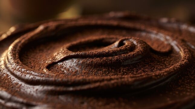 A high-angle, close-up shot of a rich, creamy chocolate ganache cake surface dusted with fine cocoa powder, showcasing a smooth, swirling textured finish.