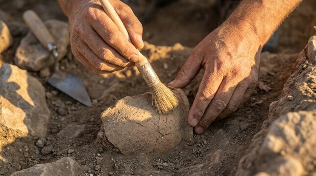 Close-up view of an archaeologist using a soft brush to clean an ancient clay pottery fragment unearthed during a dusty outdoor archaeological excavation.