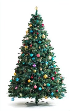 Isolated decorated Christmas tree on white background with colorful lights and ornaments