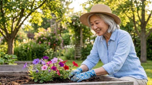A smiling senior Asian woman with grey hair wears a sun hat and gardening gloves as she plants colorful petunias in a raised garden bed during a sunny day.