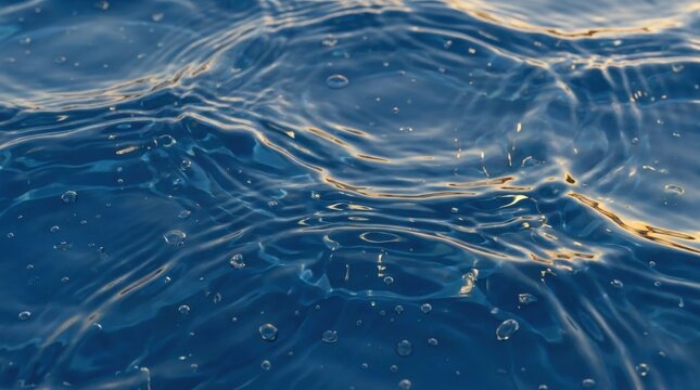 A high-angle close-up of a blue water surface with gentle ripples and scattered droplets, catching golden sunset reflections.