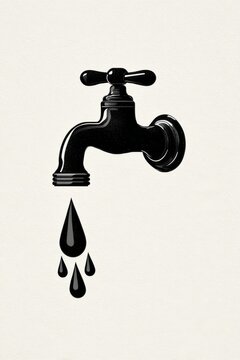Bold faucet silhouette illustration with flowing water droplets in a clean minimal style