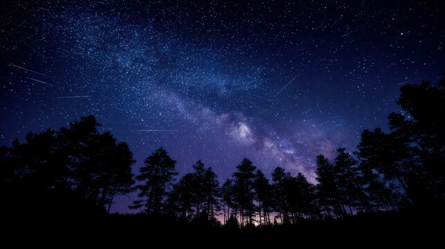Starry night above a silent forest: shooting stars cross a luminous galaxy across the sky