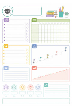 A charming illustration of a cute school planner layout with study trackers, schedules, and pastel elements. Perfect for stickers, educational stationery, student planners, and creative design project