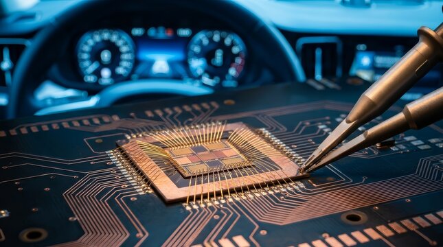 Automotive semiconductor package on a printed circuit board with copper traces and EMI shield.