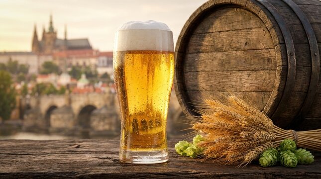 A cold glass of golden beer with foam, wheat, and a rustic wooden barrel, featuring a scenic blurred background of Prague Castle and Charles Bridge at sunset.