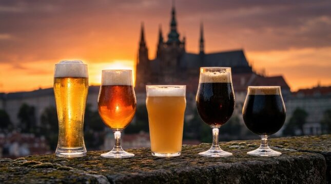 A row of different beer glasses filled with various brews, set against the scenic, historic backdrop of the Prague castle skyline during a golden sunset.