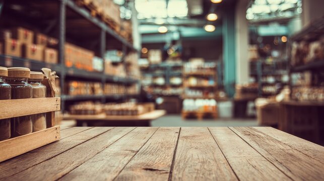 Wood grain tabletop setup for retail display against a muted warehouse background