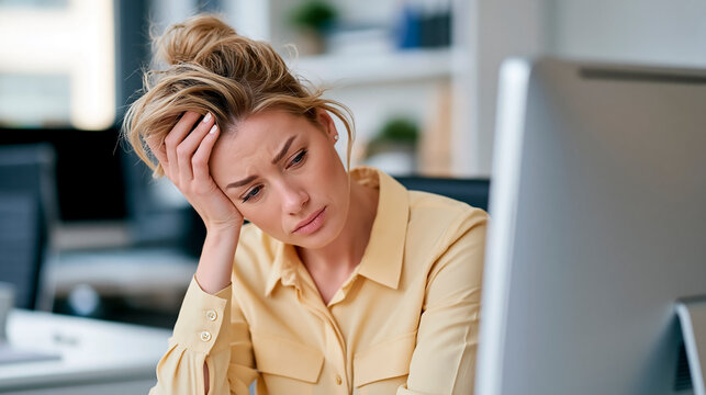 Young businesswoman stressed in the office at her desk, monitor