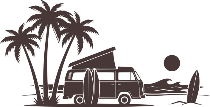 Palm Beach Van Surf Silhouette Vector, Retro Surfer Camper with Palm Trees Summer Graphic Element