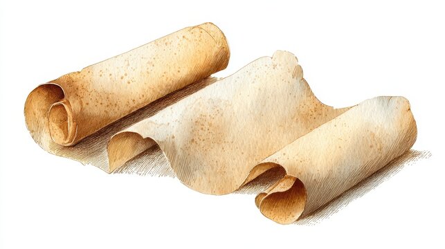 Soft-toned parchment scroll artwork in watercolor, isolated on white