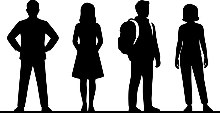 Black silhouettes of a diverse group of four people standing side by side on a white background