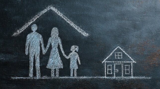 Warm chalk art of a family standing together as a roof is sketched above them, emphasizing home ownership and financial planning