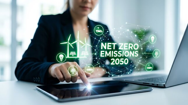Business professional interacting with a digital interface focused on net zero emissions by 2050 and sustainability goals.